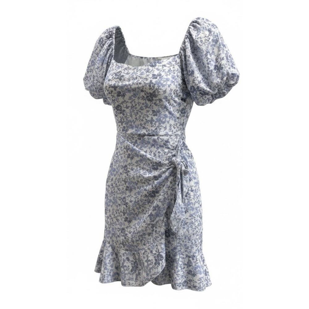 Trixxi Mini Dress Blue White Floral Cottagecore Puff Sleeves Square Neck Size M